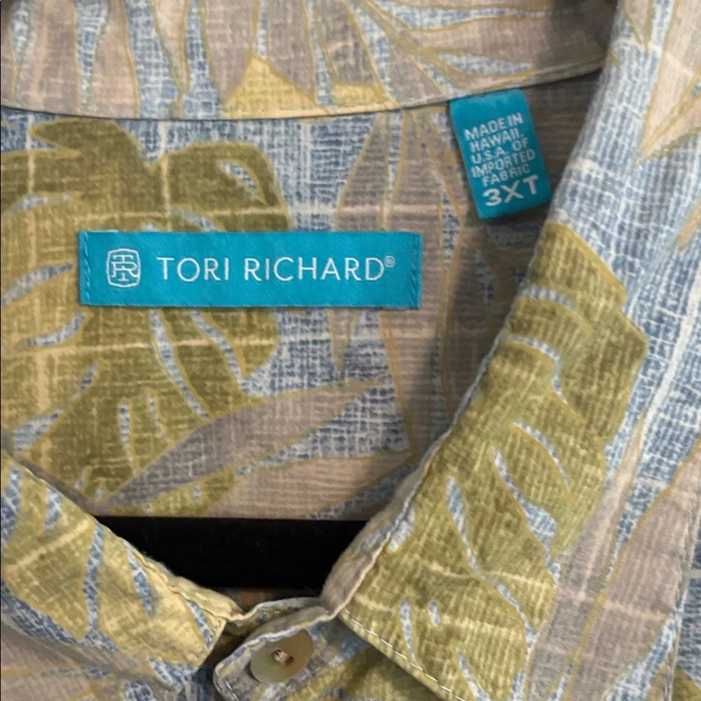 Tori Richard Olive and Sky Blue Leaf Print Shirt - Picture 2 of 3